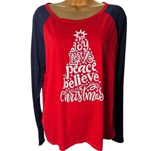 Raglan Christmas Graphic Tee Script Print Red Navy L